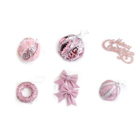 6Pcs Xmas Tree Decoration Sequin Plush Bow Ball Donut Letter Sign Tree Decor Set Pink Color