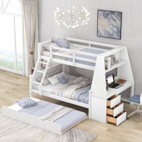 Twin Full Bunk Bed W  Trundle, Desk, 3 Drawers   Shelf - White