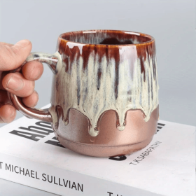 Large Ceramic Coffee Mug, 21 Oz, Gilt Beige Blue Tea Cup For Office And Home, Dishwasher And Microwave Safe