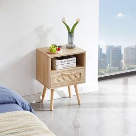 15.75  Rattan End Table With Power Outlet, USB Ports, Drawer   Solid Wood