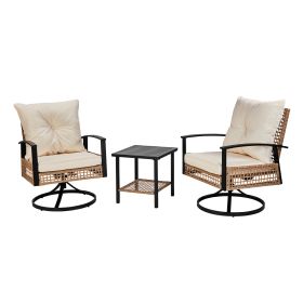 2pcs Swivel Chair And 1pc Side Table, Sparsely Braided Light Yellow Rattan, Off-white Mat, Braided Rattan Three-piece Set