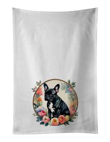 Black French Bulldog and Flowers Kitchen Towel Set of 2 White Dish Towels Decorative Bathroom Hand towel for Hand, Face, Hair, Yoga, Tea, Dishcloth