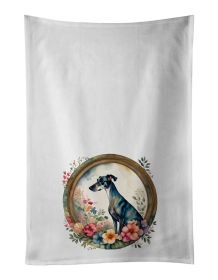Greyhound and Flowers Kitchen Towel Set of 2 White Dish Towels Decorative Bathroom Hand towel for Hand, Face, Hair, Yoga, Tea, Dishcloth, 19 X 28"