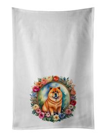 Chow Chow and Flowers Kitchen Towel Set of 2 White Dish Towels Decorative Bathroom Hand towel for Hand, Face, Hair, Yoga, Tea, Dishcloth, 19 X 28"