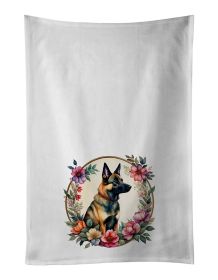 Belgian Malinois and Flowers Kitchen Towel Set of 2 White Dish Towels Decorative Bathroom Hand towel for Hand, Face, Hair, Yoga, Tea, Dishcloth