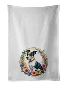 Jack Russell Terrier and Flowers Kitchen Towel Set of 2 White Dish Towels Decorative Bathroom Hand towel for Hand, Face, Hair, Yoga, Tea, Dishcloth