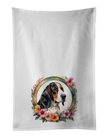 Basset Hound and Flowers Kitchen Towel Set of 2 White Dish Towels Decorative Bathroom Hand towel for Hand, Face, Hair, Yoga, Tea, Dishcloth, 19 X 28"