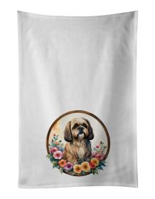 Lhasa Apso and Flowers Kitchen Towel Set of 2 White Dish Towels Decorative Bathroom Hand towel for Hand, Face, Hair, Yoga, Tea, Dishcloth, 19 X 28"
