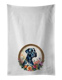 Great Dane and Flowers Kitchen Towel Set of 2 White Dish Towels Decorative Bathroom Hand towel for Hand, Face, Hair, Yoga, Tea, Dishcloth, 19 X 28"