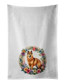 Finnish Spitz and Flowers Kitchen Towel Set of 2 White Dish Towels Decorative Bathroom Hand towel for Hand, Face, Hair, Yoga, Tea, Dishcloth, 19 X 28"