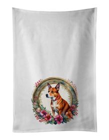 Basenji and Flowers Kitchen Towel Set of 2 White Dish Towels Decorative Bathroom Hand towel for Hand, Face, Hair, Yoga, Tea, Dishcloth, 19 X 28"
