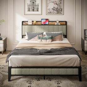 Queen Size Bed Frame With Charging Station, Upholstered Headboard, Metal Platform, Grey