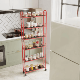 6-Tier Rolling Cart Gap Kitchen Slim Slide Out Storage Tower Rack With Wheels,Baskets,6 For Kitchen,Bathroom Laundry Narrow Piaces Utility Cart,Red