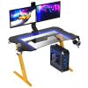 Gaming Desk, Steel Legs, Multicolored LED Lights, Cup Holder, 3 USB Ports, Tempered Glass Accent in Yellow