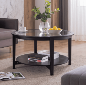Round Glass Topped Solid Wood Storage Coffee Table, Black