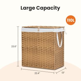 Laundry Basket With Lid, 110 L Hand-Woven Pp Rattan Laundry Basket With Compartments & Handles, Foldable, Removable Liner (Option: Yellow110L)