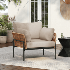 36 Beige Iron Lounge Chair With Rope Weave Design And Plush Cushions, Perfect For Indoor And Outdoor Relaxation (Option: BeigeNatural)