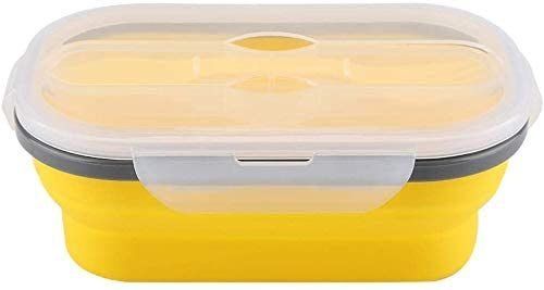 Lunch Box Collapsible Silicone Food Storage with Fork Spoon Expandable Eco Lunch Bento Box BPA-Free Dishwasher Freezer Microwave Safe (Color: yellow)