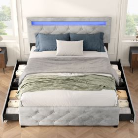 Upholstered Platform Storage Bed Frame With 4 Drawers And LED Light,No Box Spring Needed (Option: QUEEN)
