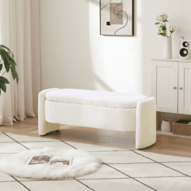 Ottoman Oval Storage Bench 3D Lamb Fleece Fabric Bench With Large Storage Space For The Living Room, Entryway And Bedroom (Option: Cream White)